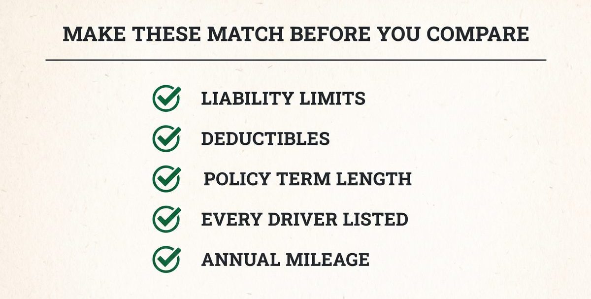Make these match before you compare two car insurance quotes: liability limits, deductibles, policy term length, every driver listed, and annual mileage.