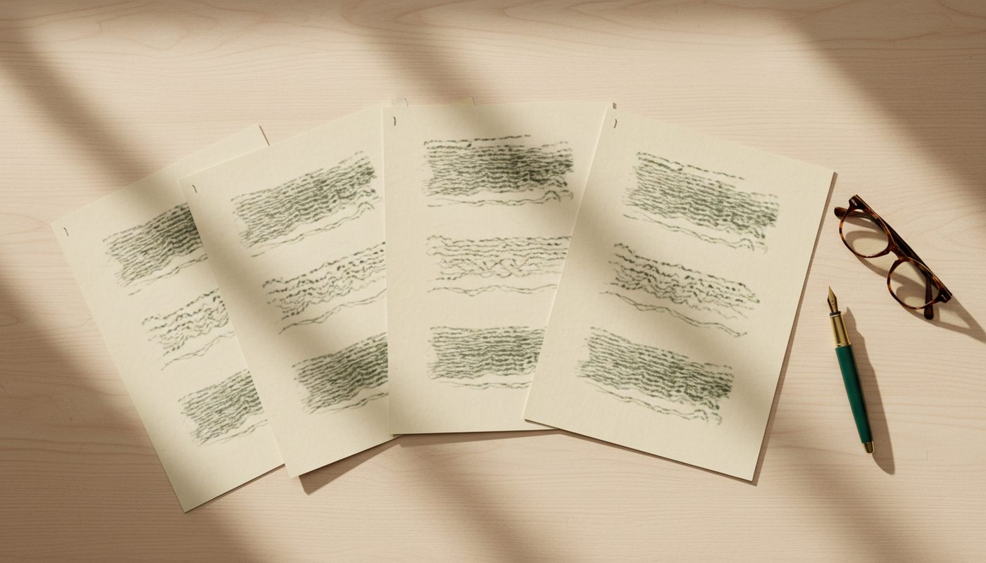 Several stapled paper quote documents fanned side by side on a warm desk beside a pen and reading glasses.