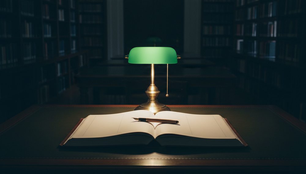A library reading desk with a green glass banker's lamp and an open ledger of blank pages.