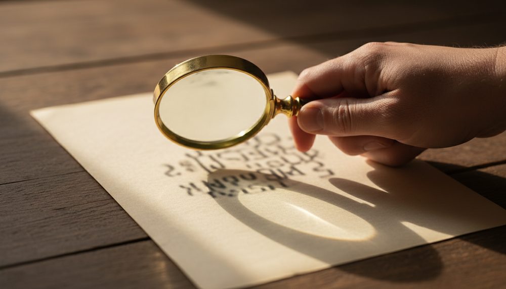 A hand holding a brass magnifying glass over a sheet of paper on a wooden desk.