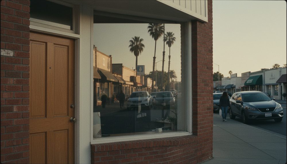A small storefront window on a California main street reflecting parked cars and palm trees.