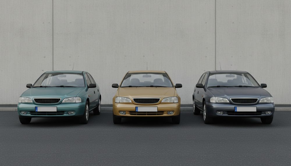 Three ordinary sedans in different colours parked in a row and photographed head-on in flat morning light.