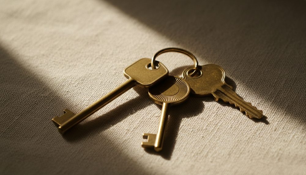 Three brass car keys of slightly different shapes hanging together on one ring.