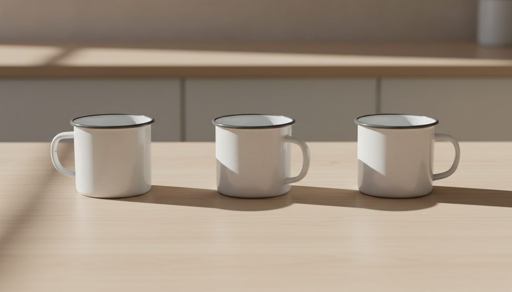 Three identical white enamel mugs in a row on a pale counter, the middle one turned out of line.