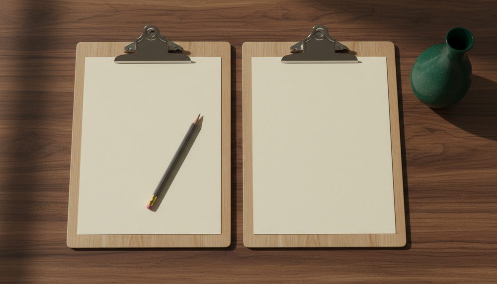 Two wooden clipboards side by side on a desk, each holding a sheet of blank paper.