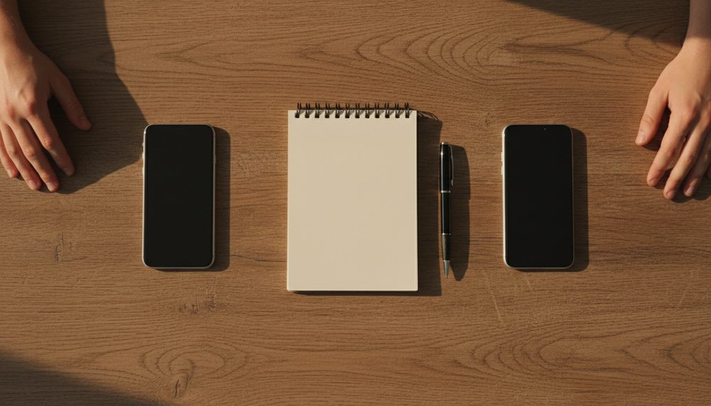 Two phones lying face down on a kitchen table with an open blank notepad between them.